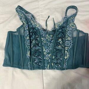 Victoria's Secret Teal Lace-Up Floral Bodysuit